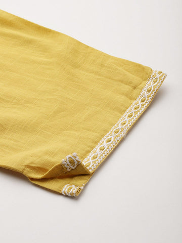 Varanga Women Mustard Woven Design Round Neck, Three Quarter Sleeves Paired With Tonal Bottom And Dupatta.